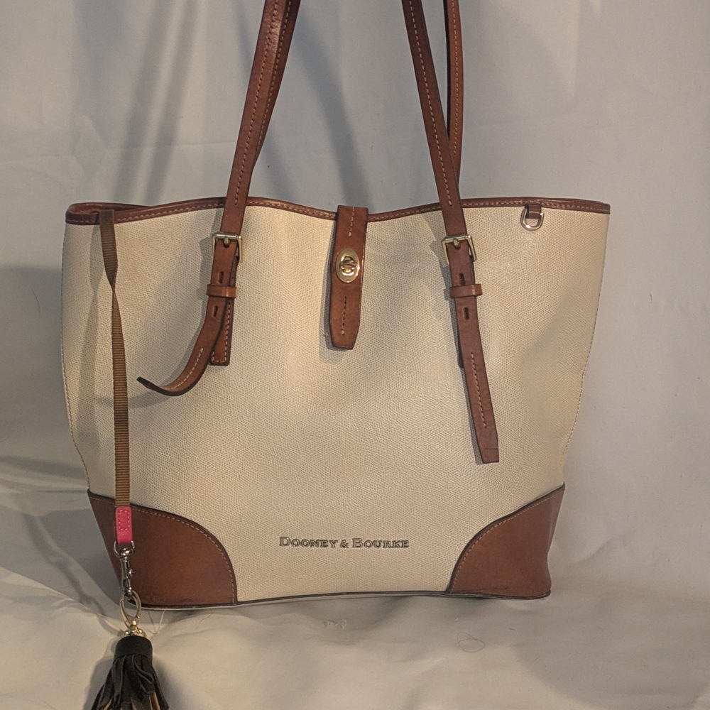 Dooney & Bourke Cream and Brown Leather Trim Tote